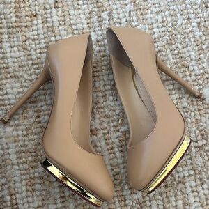 Charlotte Olympia Tan Heels with Gold Trim